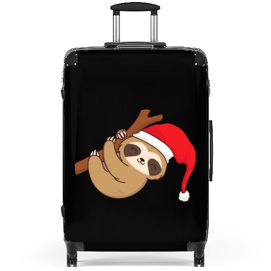Sloth with Christmas hat hangs chilling on branch Suitcases