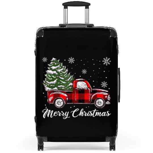 Xmas Tree Red Truck Pajama Buffalo Plaid Truck Suitcases