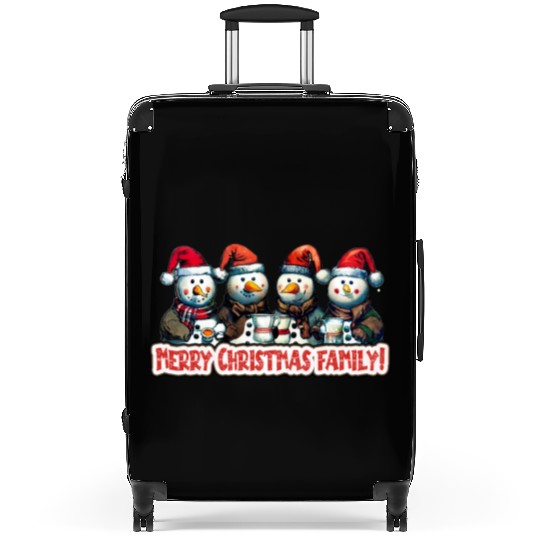 Snowmen in christmas coral, image for end of year, Suitcases