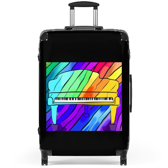 piano in front of a colorful rainbow Suitcases