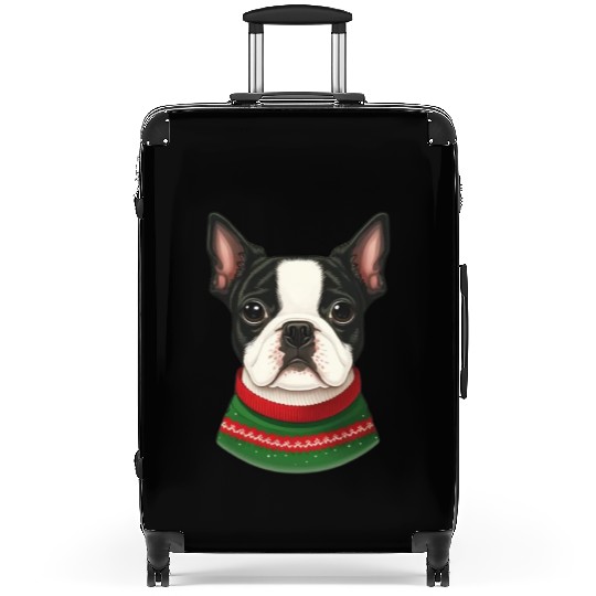 Festive Boston Terrier in a Christmas Sweater Suitcases