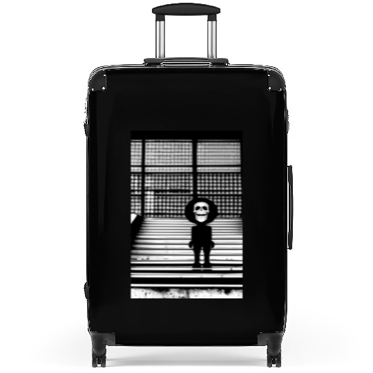 Scary Skull in Suitcases Standing on the Steps Street