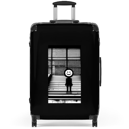 Smiley Face in Suitcases Standing on the Steps Street