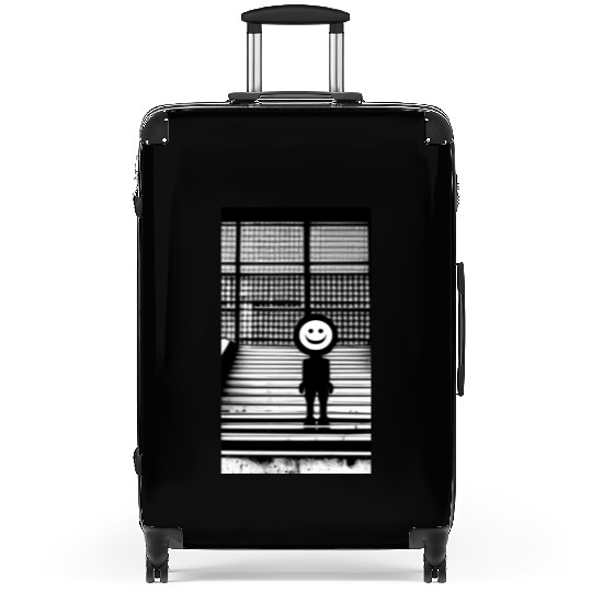 Smiley Face in Suitcases Standing on the Steps Street