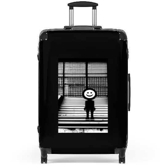 Smiley Face in Suitcases Standing on the Steps Street