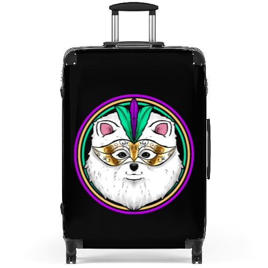 Pomeranian Or Samoyed Dog With Mask For Mardi Gras Suitcases