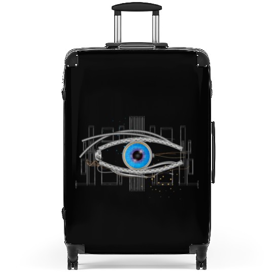 cool blue cyborg or robot eye Suitcases