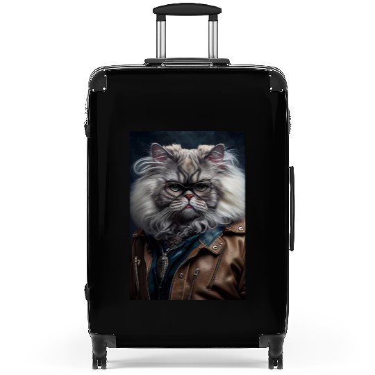 Persian Cat Breed Portrait wears a leather jacket Suitcases