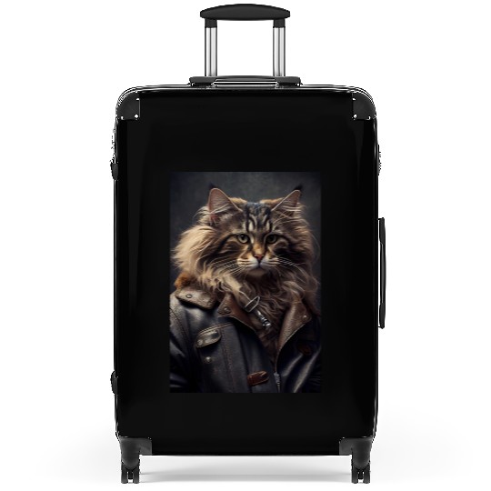 Norwegian Forest Cat Breed wears a leather jacket Suitcases