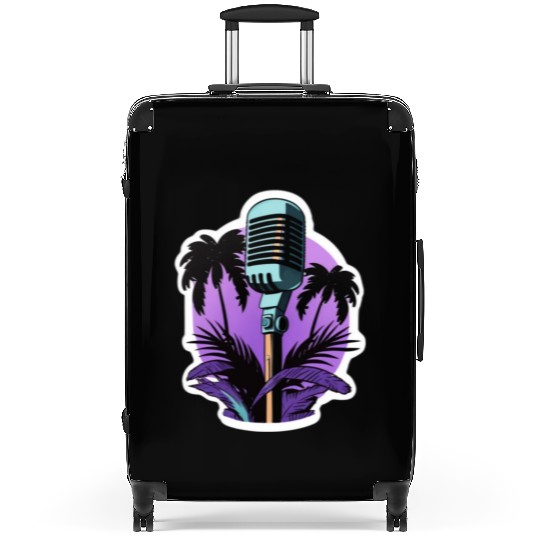 Microphone surrounded by palm trees, flat colors, Suitcases