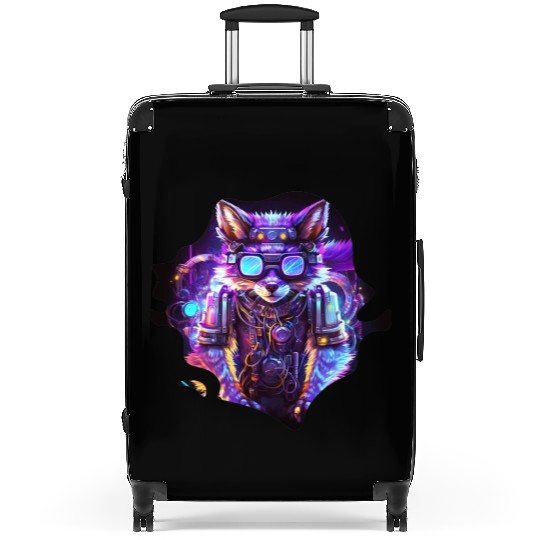 Mecha Wolf with Neon Lights and Hipster Glasses Suitcases