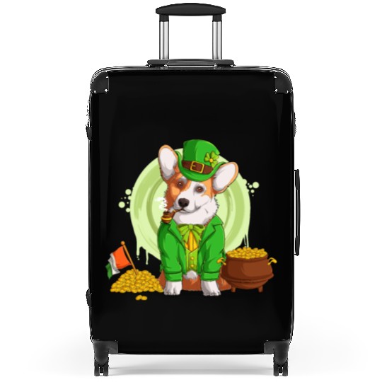 Irish Flag Corgi Dog Smoking a Pipe, Shamrock St P Suitcases