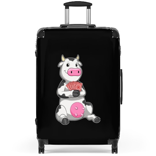 Cow At Poker With Poker Cards Suitcases