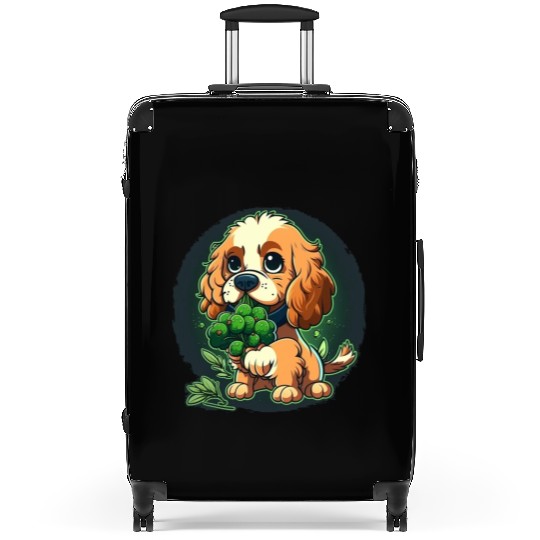 Cute dog eats green broccoli vegetables Suitcases