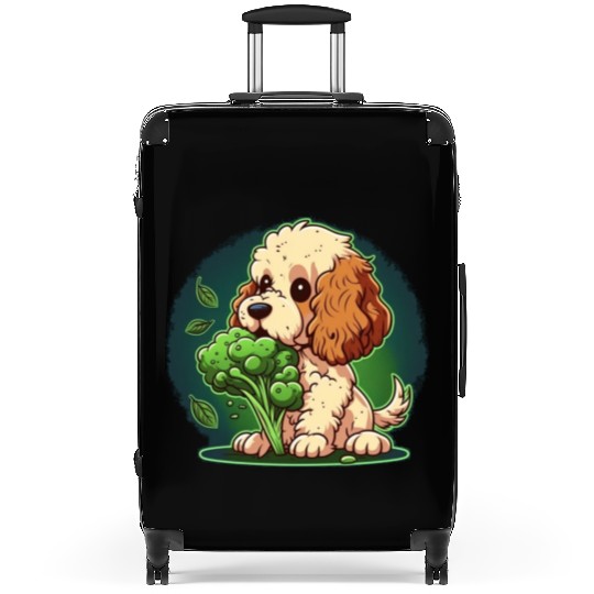Cute dog eats green broccoli vegetables Suitcases