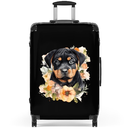 Rottweiler Dog Watercolor Floral Suitcases