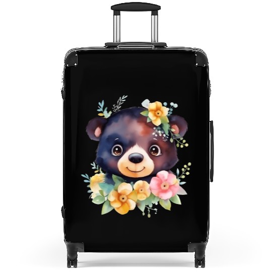 Black and Brown Forest Bear Watercolor Floral Suitcases