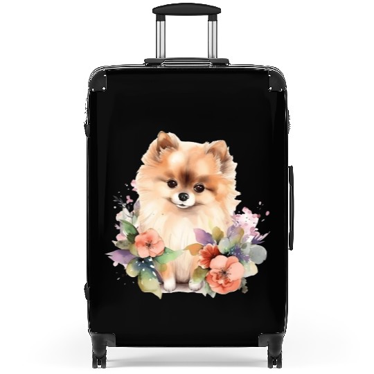 Pomeranian Dog Watercolor Floral Suitcases