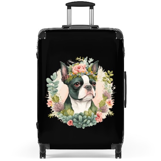 Cute Boston Terrier Flower Crown Pet Dog Floral Pu Suitcases
