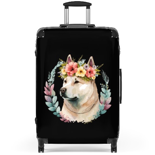 Cute Akita Inu Dog Flower Crown Pet Dog Breed Flor Suitcases