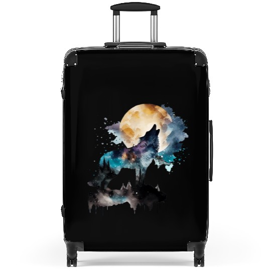 Mountain Wolf Multicolor Watercolor Portrait Suitcases