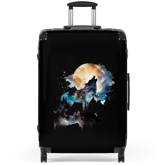 Mountain Wolf Multicolor Watercolor Portrait Suitcases