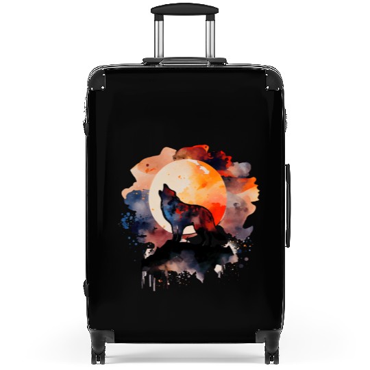 Wolf Howling at Moon Watercolor Suitcases