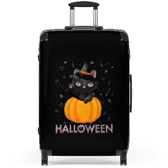 Cute baby witchy cat Trick or treat Funny pumpkin Suitcases