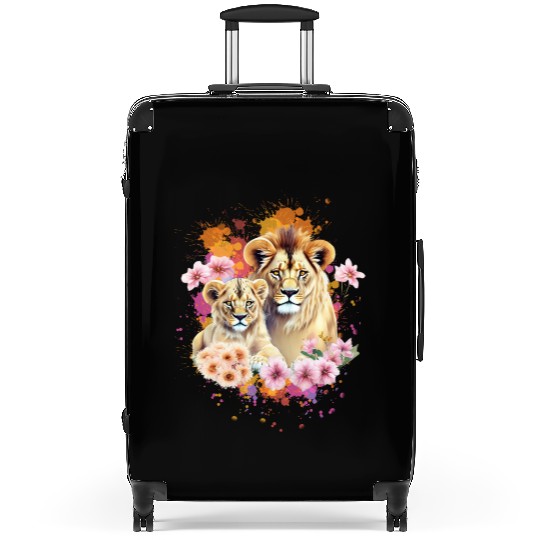 Lion Mom & Son Cubs with Flower Watercolor Suitcases