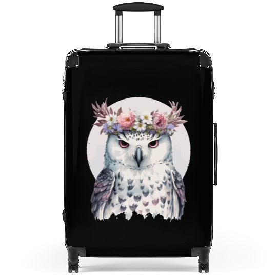 White Snow Owl Bird Flower Crown Floral Birds Suitcases