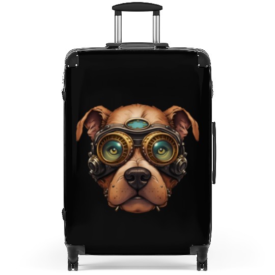 Steampunk Pitbull Dog in Clockwork Glassess Suitcases