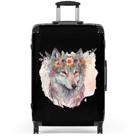 Artistic Watercolor Wolf Flower Crown Floral Anima Suitcases
