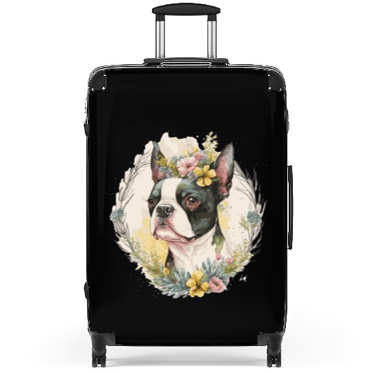 Cute Boston Terrier Flower Crown Pet Dog Breed Flo Suitcases