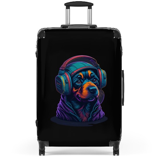 Cute Rottweiler Dog Wearing Headset for Gamer Suitcases