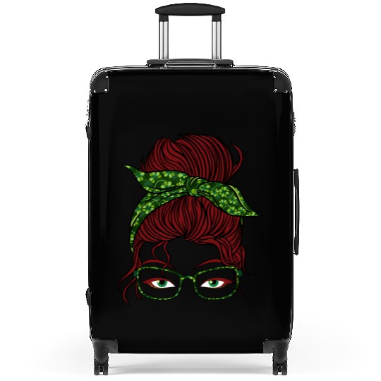 Mom Messy Bun St PatricDay Shamrock C Suitcases