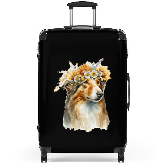 Watercolor Collie Sunflower Dog Breed Pet Puppy Suitcases