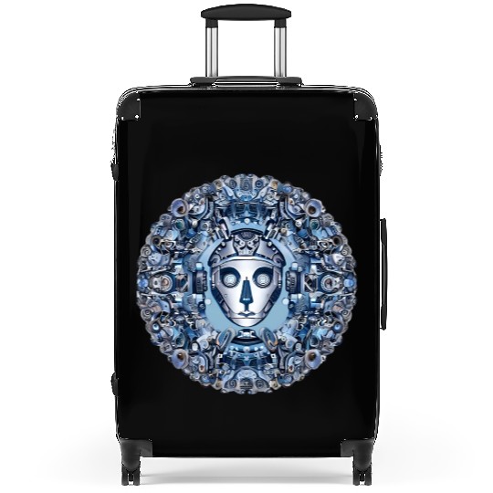 Aztec robot face and mechanical mandala Suitcases