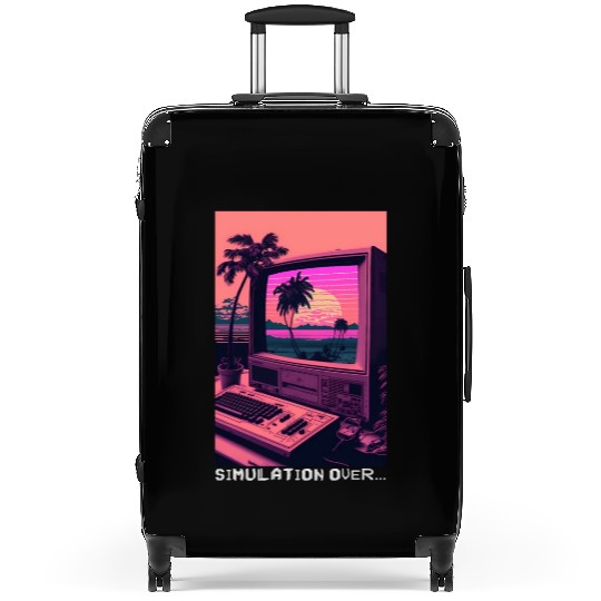 Simulation Over Retro Computer Monitor Vaporwave A Suitcases