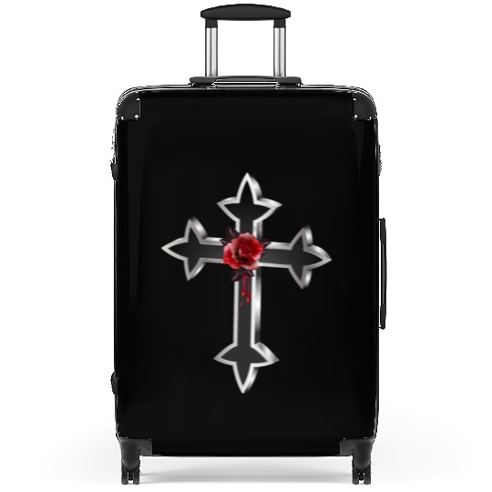 black silver colored gothic cross with red rose Suitcases