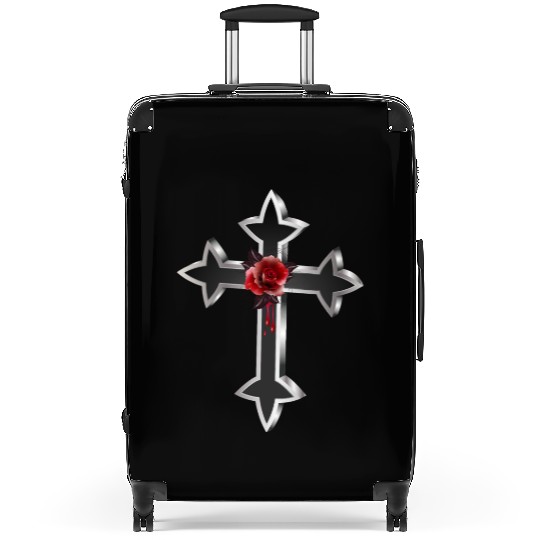 black silver colored gothic cross with red rose Suitcases