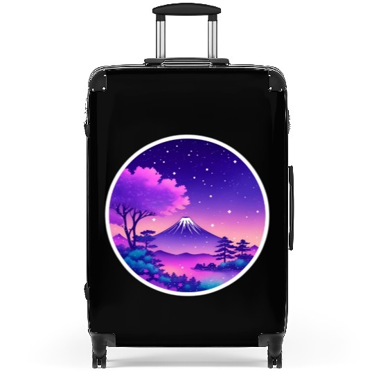 Japan Mount Fuji Night Sky Lo-Fi Art Retro Purple Suitcases