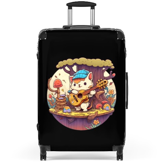 Cute Kawaii Cat Playing Guitar Banjo On Log Suitcases