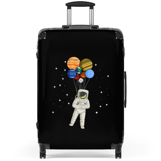 Astronaut Holding Planet Balloons of Solar System Suitcases