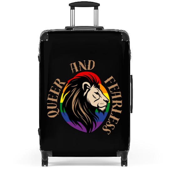 LGBTQ Queer and Fearless, Lion with Rainbow Flag Suitcases