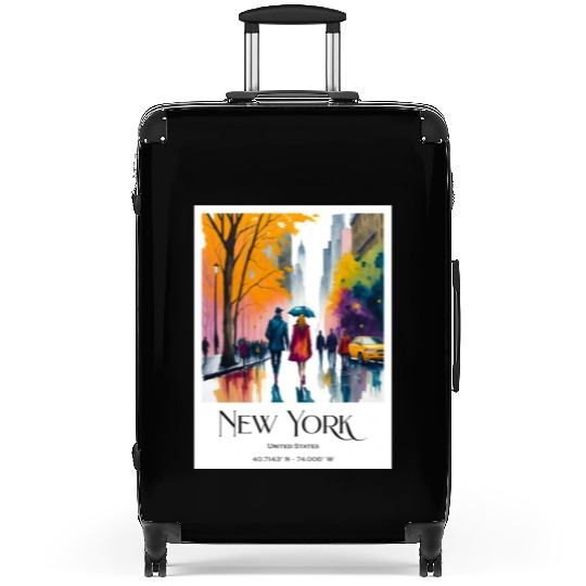Couple walking in the streets of New York City Suitcases