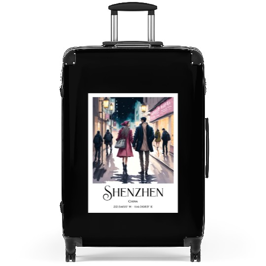 Loving couple walking in streets of Shenzhen China Suitcases