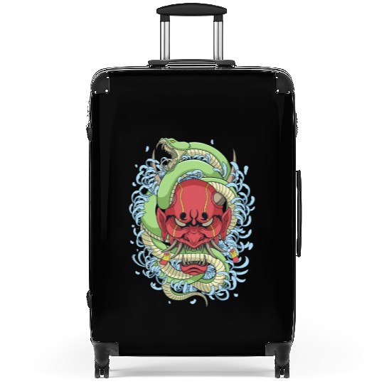 Japanese oni mask with peony flower and greem snak Suitcases