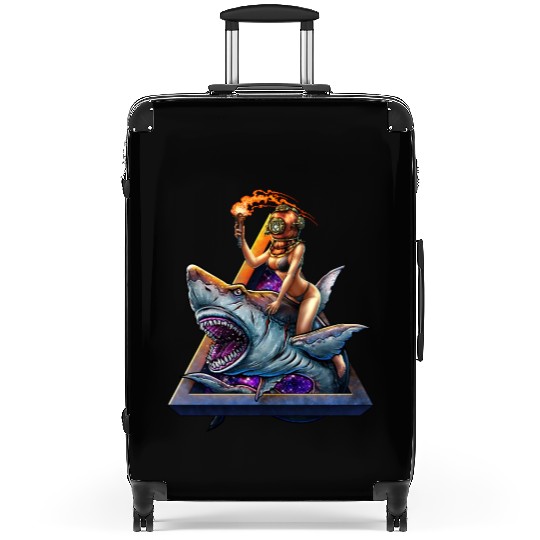 Diver girl retro and angry shark #2 Suitcases
