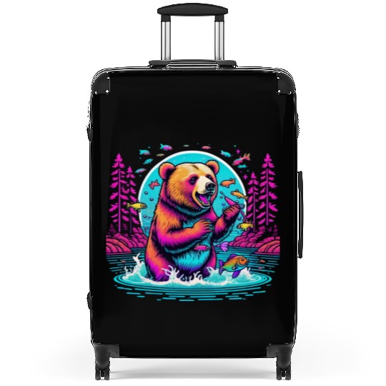 Joyful Bear Fishing in River Suitcases