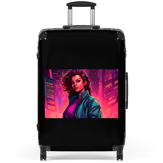 Girl in front of a Neon Pink Cityscape Suitcases